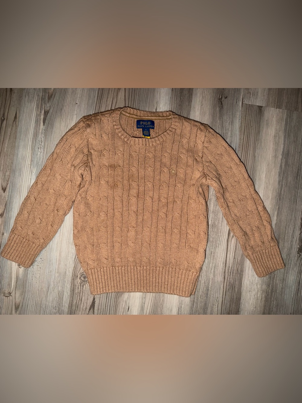 Polo Ralph Lauren Boy Cotton Brown Tan Cable Knit Crewneck Sweater Size 4